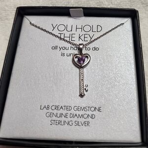 MACY'S, GENIUNE DIAMOND, STERLING SILVER, AMETHYST GEMSTONE, KEY NECKLACE, NEW